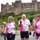 Journey’s end: Shirley, Kenny, Ann and Andrew celebrate their completion of their ride to Bamburgh.