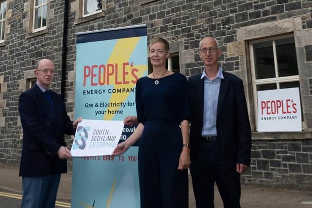 South of Scotland Enterprise chairman Russel Griggs welcoming People's Energy founders David Pike and Karin Sode to Ettrick Riverside in Selkirk. (Photo: Rob Gray)