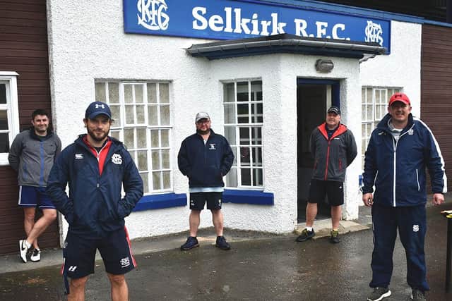 Selkirk Youth Club and age-grade coaches keep socially-distanced at the training session. From left – Craig MacDougall, Alan Wheelans, Scott Easson, Mark Easson and Ewen Robbie