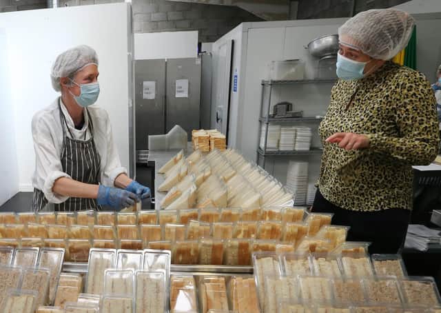 Food packages...Aileen Campbell finds out more from the shop floor while visiting Social Bite’s production kitchen in Livingston. (Pic: Stewart Attwood)