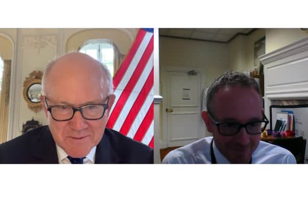 US ambassador to the UK, Woody Johnson, left, in a video call with John Lamont MP.