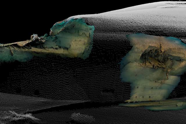 3D image....clearly shows the damage to the ship, which was torpedoed by the German submarine U-47.