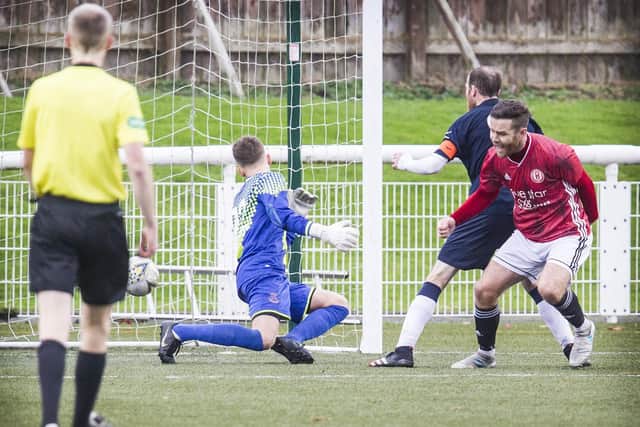 Ross Aitchison scores for Gala Fairydean Rovers against Civil Service Strollers. Photo: Bill McBurnie
