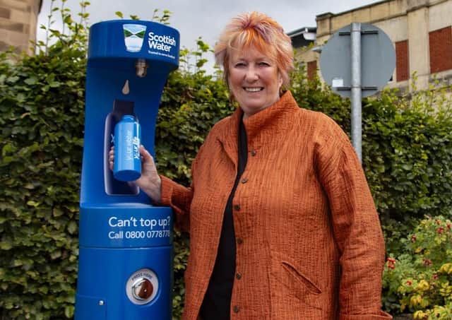Borders MSP Christine Grahame unveiling a new Scottish Water top-up tap in Galashiels Market Square, one of 25 installed nationwide as part of a campaign to cut plastic waste.