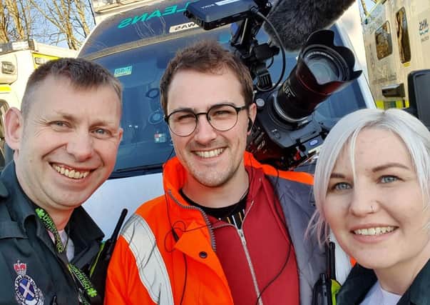 Lee Myers, left, and Nadine Greenfield with Fraser McArthur of the programme’s production company Firecrest Films. The filming took place before the Covid-19 pandemic, hence the lack of social distancing.