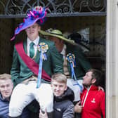 2019 Cornet Connor Brunton, wearing his lass Victoria Campbell’s hat, is hoisted from the Town Hall.
