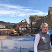 Council leader Shona Haslam with councillor Carol Hamilton, executive member for children and young people, pictured at Peebles High School as the section damaged by the fire in 2019 is cleared of debris.