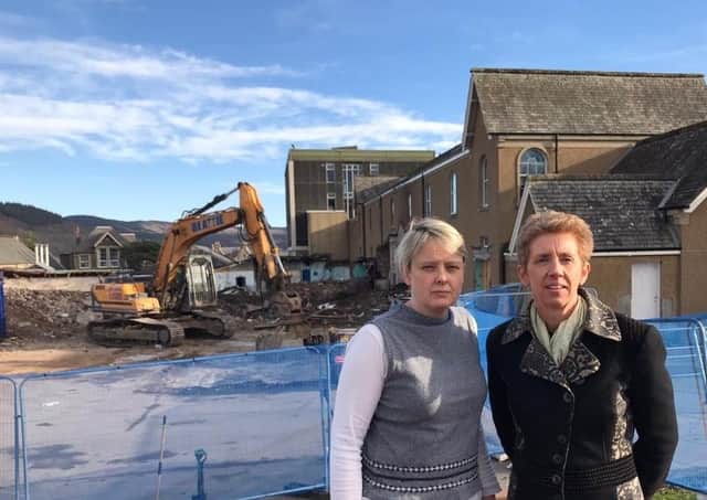 Council leader Shona Haslam with councillor Carol Hamilton, executive member for children and young people, pictured at Peebles High School as the section damaged by the fire in 2019 is cleared of debris.