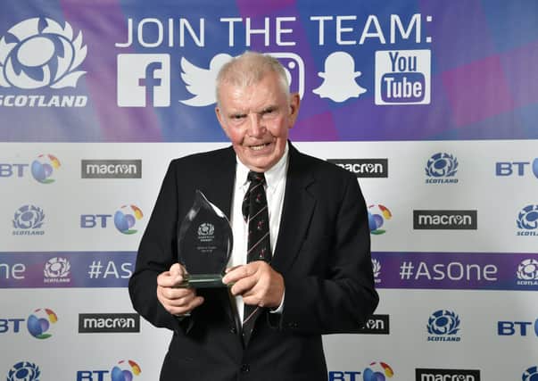 Jock Todd with his 2018 Spirit of Rugby award  for services to Kelso Harlequins (picture by SNS Group/Scottish Rugby)