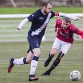 Hat-trick hero Phil Addison, right, in action for Gala Fairydean Rovers earlier this season against Civil Service Strollers. Photo: BIll McBurnie
