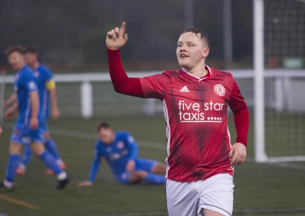 Scott-Taylor Mackenzie celebrates scoring his sixth league goal of the season for Gala Fairydean Rovers against Kelty Hearts. Photo: Bill McBurnie