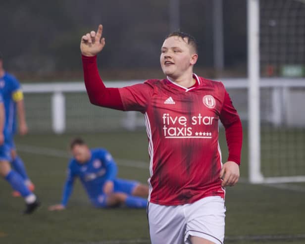 Scott-Taylor Mackenzie celebrates scoring his sixth league goal of the season for Gala Fairydean Rovers against Kelty Hearts. Photo: Bill McBurnie