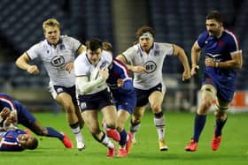 Online Q&A session participant Blair Kinghorn, pictured, centre, playing for Scotland against France the weekend before last. (Photo by Ian MacNicol/Getty Images)