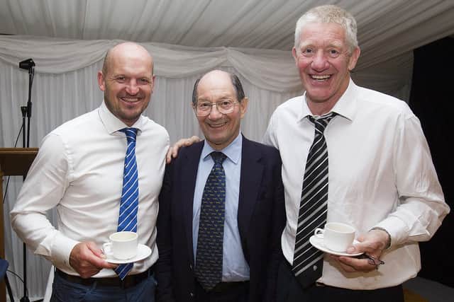 John Jeffrey with Scotland head coach Gregor Townsend and broadcaster Ian Robertson at a function at Jed-Forest Rugby Club last year. Photo: Bill McBurnie