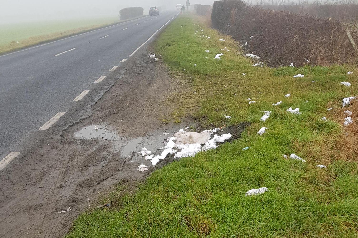 Rubbish on the A52 near Skegness which prompt the action to clear it.