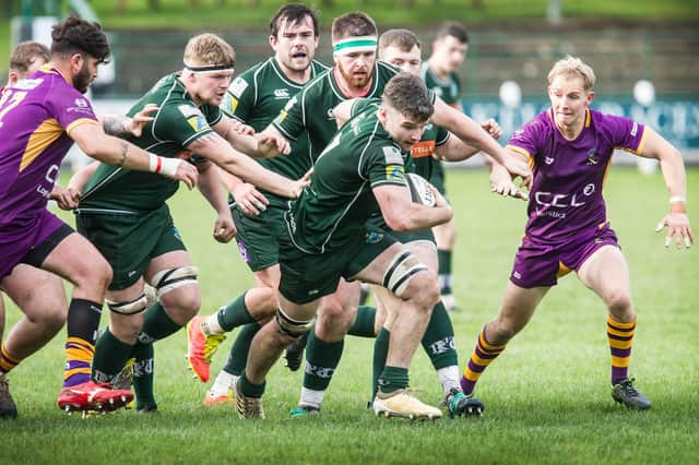 Hawick's man of the match, Stuart Graham, on the charge against Marr on Saturday (Photo: Bill McBurnie)