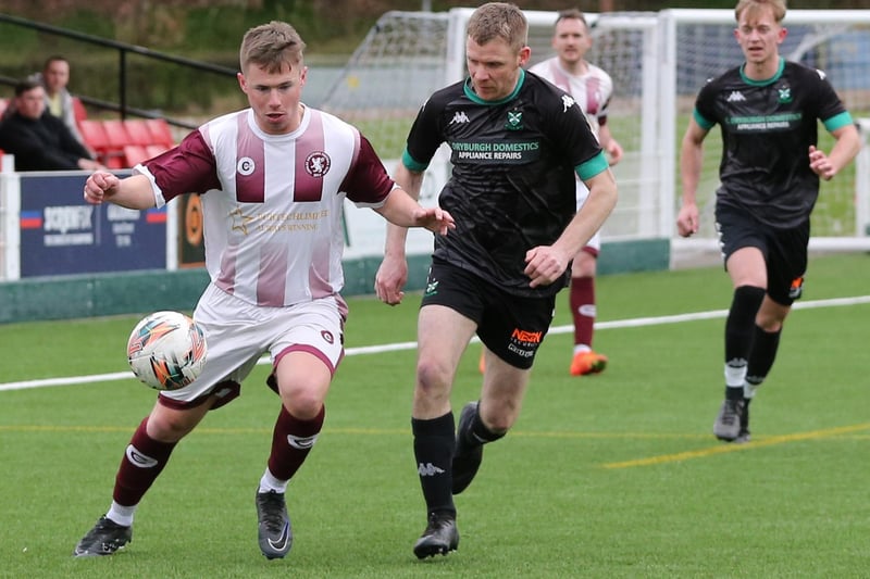 Fraser Brown on the ball during Langlee Amateurs' 4-1 South of Scotland Amateur Cup semi-final win versus Greenlaw at Netherdale in Galashiels on Saturday (Photo: Brian Sutherland)