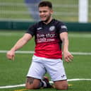 Nicky Reid celebrating scoring for Gala Fairydean Rovers against Strathspey Thistle at home on Saturday in the first round of this season's Scottish Cup in September (Photo: Thomas Brown)