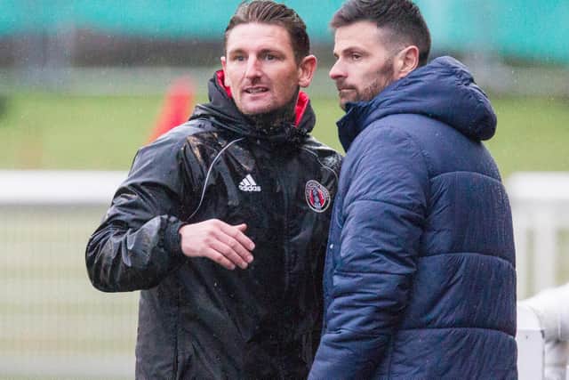 Gala Fairydean Rovers manager Martin Scott watching Saturday's match with his assistant, Steven Craig (Photo: Bill McBurnie)
