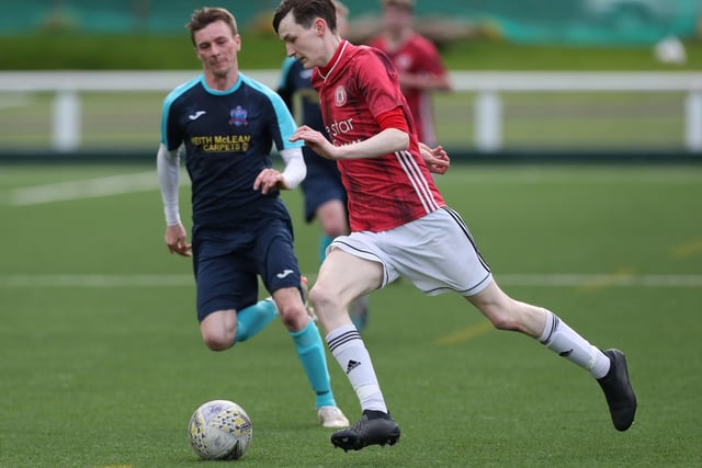 Cameron Riddell on the ball during Gala Fairydean Rovers Amateurs' 4-0 home win against Selkirk Victoria at Netherdale on Saturday in the Border Amateur Football Association's B division (Photo: Brian Sutherland)