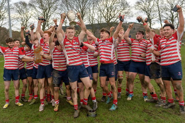 Peebles Colts celebrating after beating Northumberland's Morpeth Colts 52-34 on Saturday to win the Borders' semi-junior rugby title for the first time (Pic: Stephen Mathison)