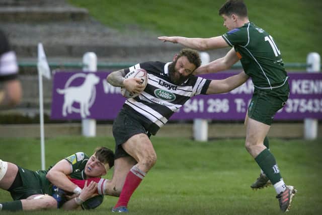 Ex-Hawick stalwart Bruce McNeil on the charge for Kelso in last night's Border League final at Mansfield Park (Photo: Bill McBurnie)