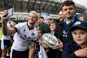 Hawick's Darcy Graham posing for a selfie with fans during an open training session held by the Scottish national rugby team at Edinburgh's Hive Stadium on Friday (Pic: Craig Williamson/SNS Group/SRU)