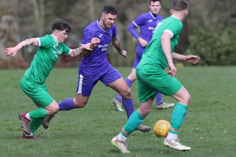 Jordan Yardley in possession during Hawick Waverley's 3-0 win at home to Chirnside United in the Border Amateur Football Association's A division on Saturday (Photo: Brian Sutherland)