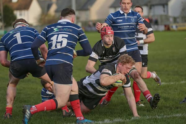 Kelso captain Frankie Robson scoring a try during their 45-12 win at home to Musselburgh at Poynder Park in rugby's Scottish Premiership on Saturday (Photo: Brian Sutherland)