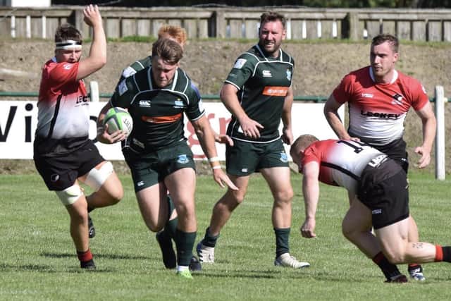 Andrew Mitchell on the ball for Hawick during their 27-12 win at home at Mansfield Park to Glasgow Hawks on Saturday (Photo: Malcolm Grant)