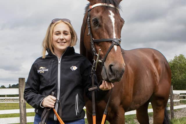 Racehorse trainer Katie Scott with her Hamilton Park winner Thaki at her Lindean stables near Selkirk (Pic: Brian Sutherland)