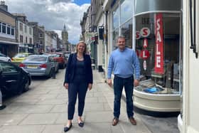 Rachael Hamilton MSP and Andrew Dobbie of Dobbie and Michie in Hawick's High Street.