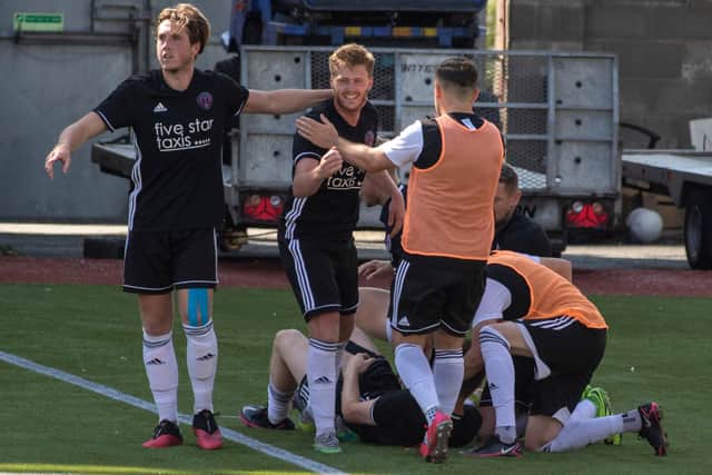 Gala Fairydean Rovers players celebrating after Ciaren Chalmers levelled for them versus Cumbernauld Colts at Broadwood Stadium (Photo: Thomas Brown)