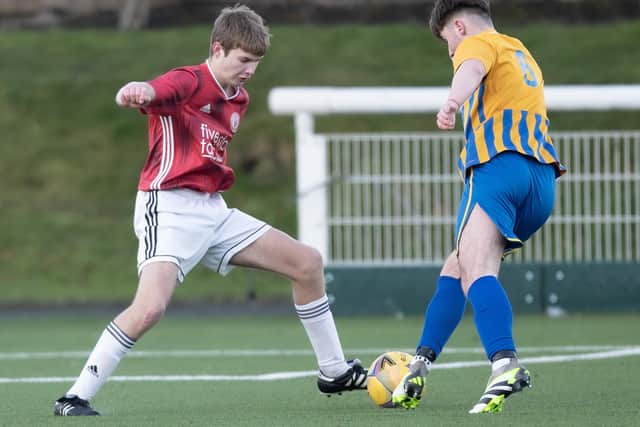 Thomas Milburn on the defensive during Gala Fairydean Rovers Amateurs' 7-1 win at home to Lauder in the Border Amateur Football Association's B division on Saturday (Photo: Brian Sutherland)