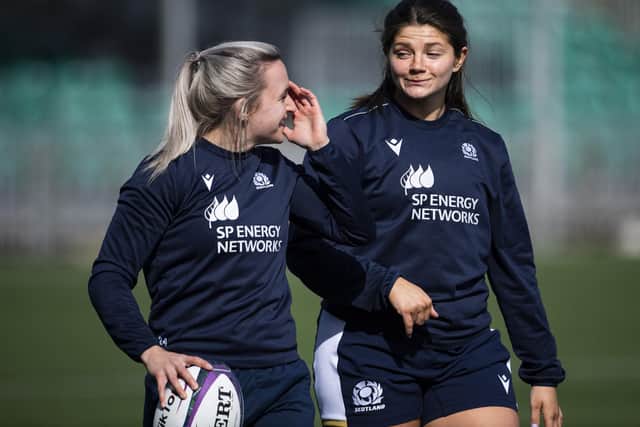 Chloe Rollie, left, and Lisa Thomson at a Scotland team run at Glasgow's Scotstoun Stadium in April (Photo by Paul Devlin/SNS Group/SRU)