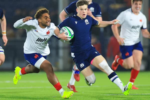 Scotland's Hector Patterson going past France's Zinedine Aouad during their countries' Under-20 Six Nations match at Edinburgh's Hive Stadium on Friday (Photo by Ewan Bootman/SNS Group/SRU)
