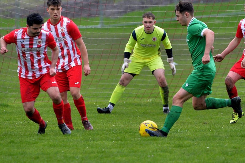 Chirnside United on the attack during their 3-2 win away to Tweeddale Rovers at Peebles' Kerfield Park on Saturday in the Forsyth Cup's semi-finals (Photo: Alwyn Johnston)