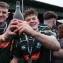 Winning try-scorer Ronan McKean and, right, Hector Patterson celebrating after Hawick's Tennent's Premiership play-off final win against Currie Chieftains in March (Pic: Steve Cox)