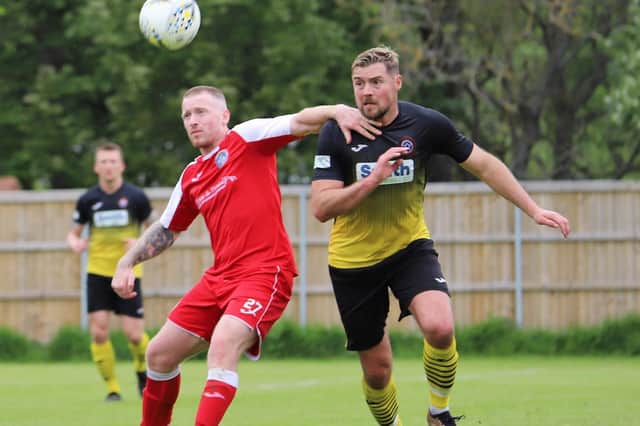 Coldstream’s Jack Brannan challenging for possession during their 4-0 defeat at Luncarty on Saturday (Photo: Luncarty FC)