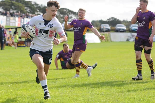 Ben Pickles scoring Selkirk's first try during their 38-24 loss at Marr on Saturday (Photo: Grant Kinghorn)