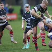Kelso captain Frankie Robson on the attack, supported by Dwain Patterson and Andy Tait, during their 48-12 win at Jed-Forest's Riverside Park on Saturday in rugby's Scottish Premiership (Photo: Brian Sutherland)