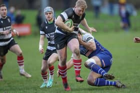 Kelso captain Frankie Robson on the attack, supported by Dwain Patterson and Andy Tait, during their 48-12 win at Jed-Forest's Riverside Park on Saturday in rugby's Scottish Premiership (Photo: Brian Sutherland)