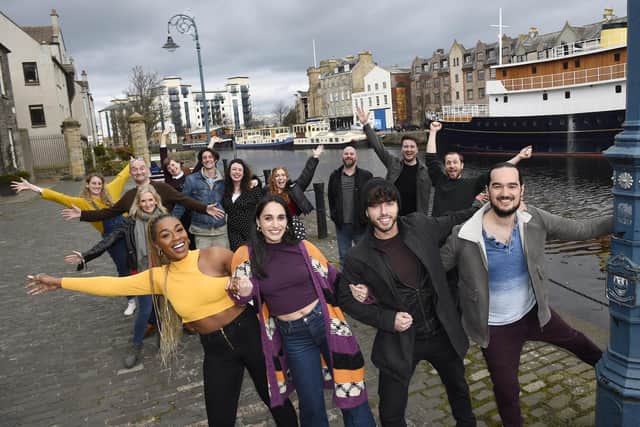 The Sunshine On Leith company on The Shore, Rhine Drummond, Blythe Jandoo, Keith Jack and Connor Going in foreground - Pic Greg Macvean