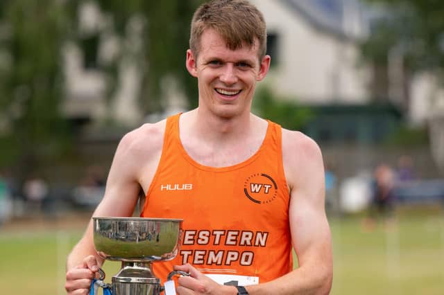 Peter Molloy after winning Saturday’s 2026 Lee Pen hill-race at Innerleithen (Photo: Magdalena Banka)