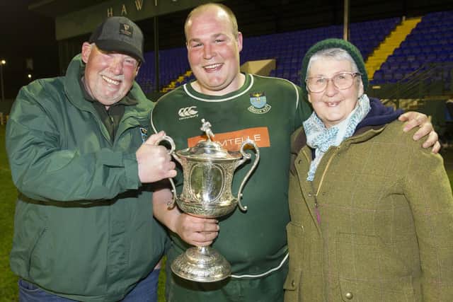 Hawick captain Matt Carryer with his proud parents, Mark and Mary Carryer, after Wednesday night's Border League final at Mansfield Park (Photo: Bill McBurnie)