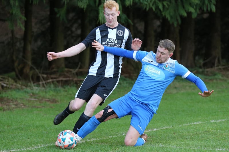 Scott Rice putting a tackle in during Earlston Rhymers' 7-0 loss at home to South Ayrshire's Annbank United in the fifth round of this season's Scottish Amateur Cup (Photo: Brian Sutherland)