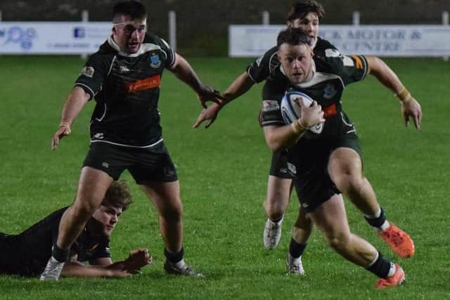 Andrew Mitchell on the ball for Hawick as they beat Currie Chieftains 38-26 at home at Mansfield Park on Friday (Photo: Malcolm Grant)
