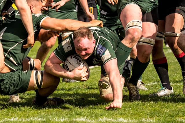 Nicky Little touching down for Hawick diring their 32-16 Scottish cup semi-final victory at Glasgow Hawks on Saturday (Photo: Paul Phelan)