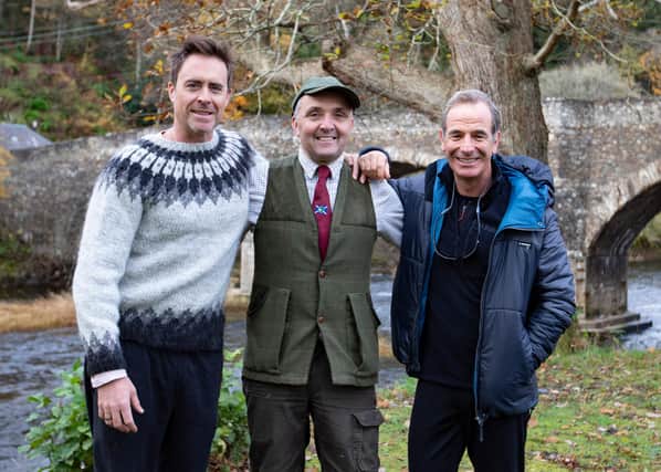 Actors James Murray, left, with ghillie Mark Hislop and Robson Green. Photo: Brian Sutherland.