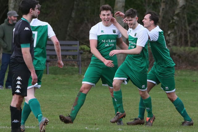 Hawick Legion players celebrating scoring against Greenlaw in the South of Scotland Amateur Cup's quarter-finals on Saturday (Photo: Steve Cox)